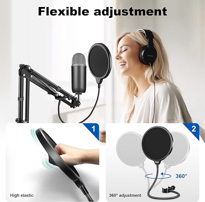 Aokeo Professional Microphone Pop Filter Mask Shield For Blue Yeti and Any Other Microphone, Mic Dual Layered Wind Pop Screen With A Flexible 360 Gooseneck Clip Stabilizing Arm
