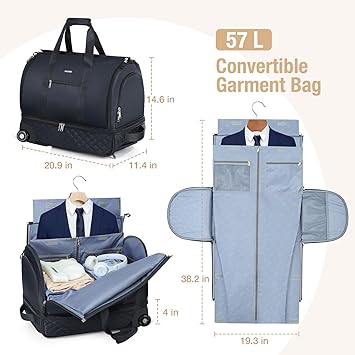 Rolling Garment Bag for Travel - Convertible Duffel Bag with Wheels  Shoes Compartment, Carry on Suit Luggage Bag with Trolley for Business Trip, Wedding, Weekender