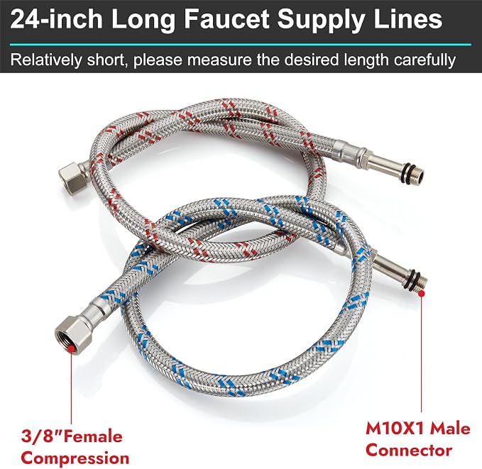 Midanya 24-Inch Long Faucet Water Supply Lines, Braided Stainless Steel Supply Hose 1/2-Inch Female Compression Thread x M10 Male Connector, x 2 Pcs (1 Pair)