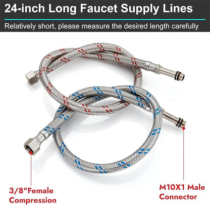 Midanya 24-Inch Long Faucet Water Supply Lines, Braided Stainless Steel Supply Hose 1/2-Inch Female Compression Thread x M10 Male Connector, x 2 Pcs (1 Pair)