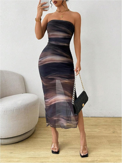Milumia Women's Tie Dye Strapless Maxi Dress Mesh Split Bodycon Vacation Long Tube Dresses h