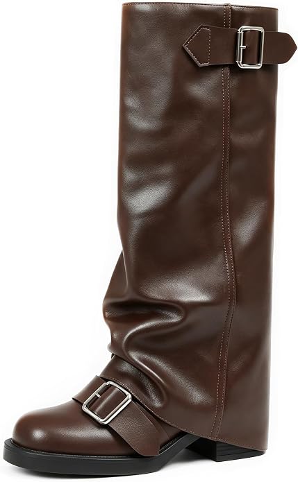 AMINUGAL Fold Over Knee High Boots Women | Chunky Block Heel Festival Trendy Casual Round Toe Buckle Slouchy Tall Boots Moto Riding Rave Club Cute Y2K LongSize 9.5 Boots