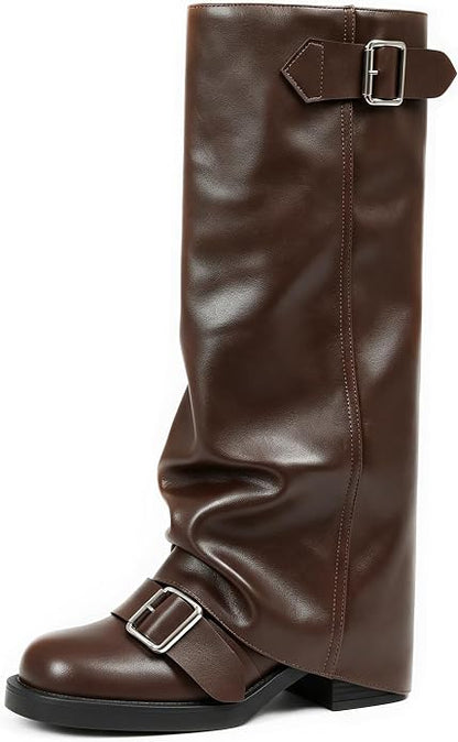 AMINUGAL Fold Over Knee High Boots Women | Chunky Block Heel Festival Trendy Casual Round Toe Buckle Slouchy Tall Boots Moto Riding Rave Club Cute Y2K LongSize 9.5 Boots