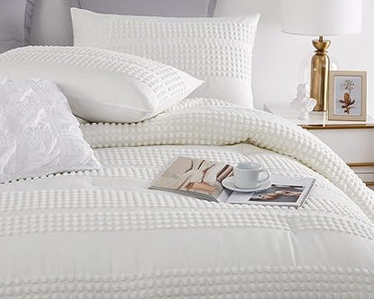 Cupocupa King Size Comforter Set;White Boho Tufted Lightweight Bedding Sets 3PCS Soft Jacquard Pom Pom Comforter with 2 Pillow Cases for All Season