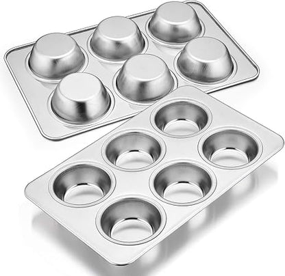 E-far Muffin Pan Set of 2, Stainless Steel Muffin Pan Tin for Baking, 6-Cup Metal Cupcake Pan Tray, Non-toxic  Healthy, Oven  Dishwasher Safe, Regular Size - 11.44 x 7.12 x 1.25 inch