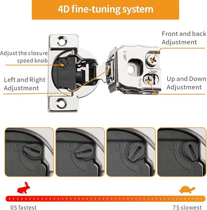 2 Pack 1-1/4" 4D Overlay Soft Close Concealed Hinges for Face Frame Door, Control Closing Speed, Smooth Slow Self Close Hinges, Satin Nickel, 105° Open Angle Stainless Steel Cabinet Hinges