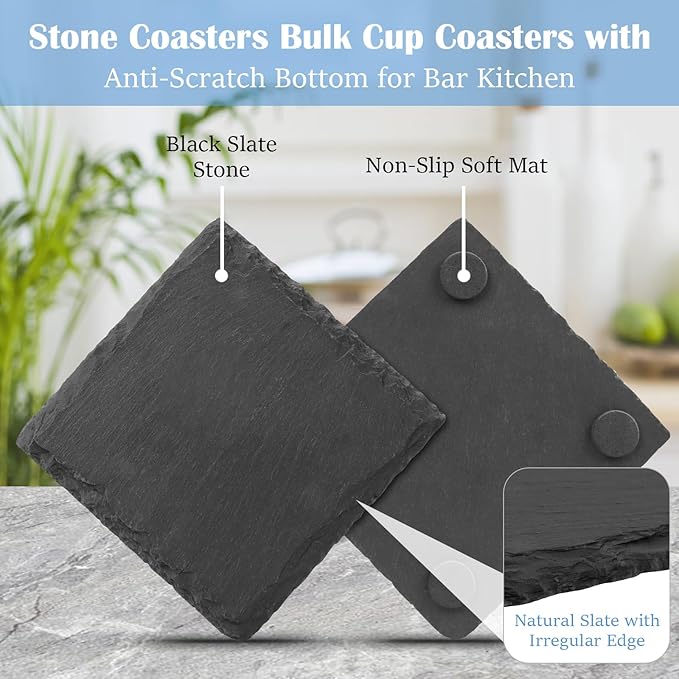 Black Nature Stone Coasters Set of 2 - Desk Drink Coaster for Coffee Maker - White Elephant Gift Option for Office, Bar, Kitchen & Home - Protect Wood & Glass Surfaces Stylishly