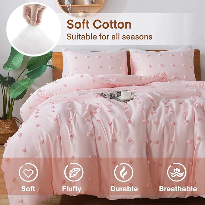 Paxrac Pink TwinTwin XL Comforter Set (68x90 inches), 2 Pieces- Soft Cotton Lightweight Blush Comforter with 1 Pillowcase, Chenille Dots All Season Down Alternative Comforter Set for Bedding