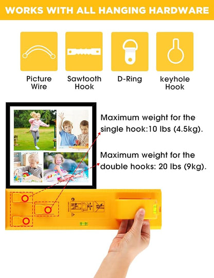 Picture Hanging Tool with Level, Goodsnova Photo Frame Hanging Tool for Easy Marking Position, Wall Hanger Helper Guide for Photo Art Painting Frame (Plastic, Yellow)