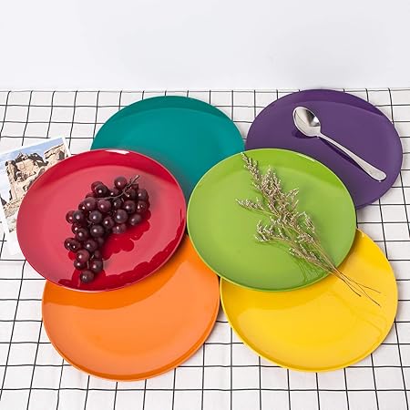KOXIN-KARLU Melamine Plates, 10.5-inch Dinner Plates Dinnerware Dish, set of 6 in 6 Assorted Colors  100 Melamine, Dishwasher Safe, BPA Free