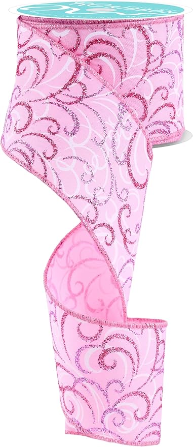 2.5" Filigree Glitter Swirl Wired Fabric Ribbon for Holiday  Everyday Floral Arrangements, Bows, Wreaths, Tree Toppers, Garlands, Gift Wrap, Crafts (Light Pink, Lavender, White, 2.5" x 10 Yards)