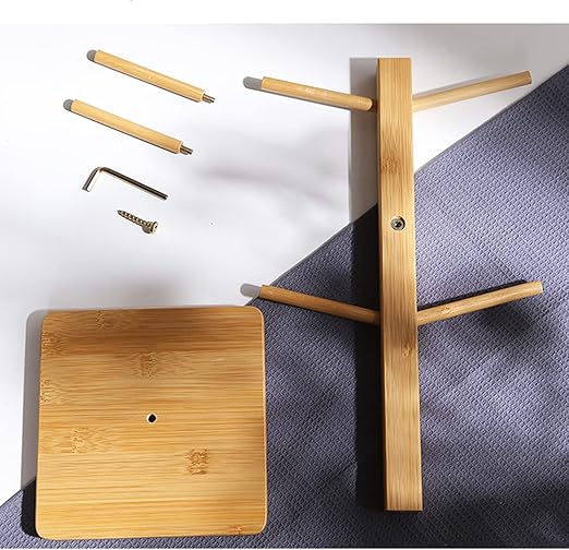 LIU- Bamboo Mug Holder Tree with 6 Hooks,Square Base,Countertop Coffee Mug Stand Teacup Organizer,for Kitchen Counter Bar Accessories