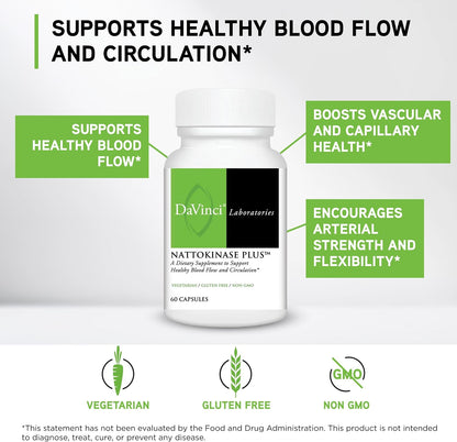 DAVINCI Labs Nattokinase Plus - High-Potency Nattokinase Supplement for Comprehensive Blood Flow Support for Men & Women - Formulated with Antioxidant Support - Gluten Free - 60 Vegetarian