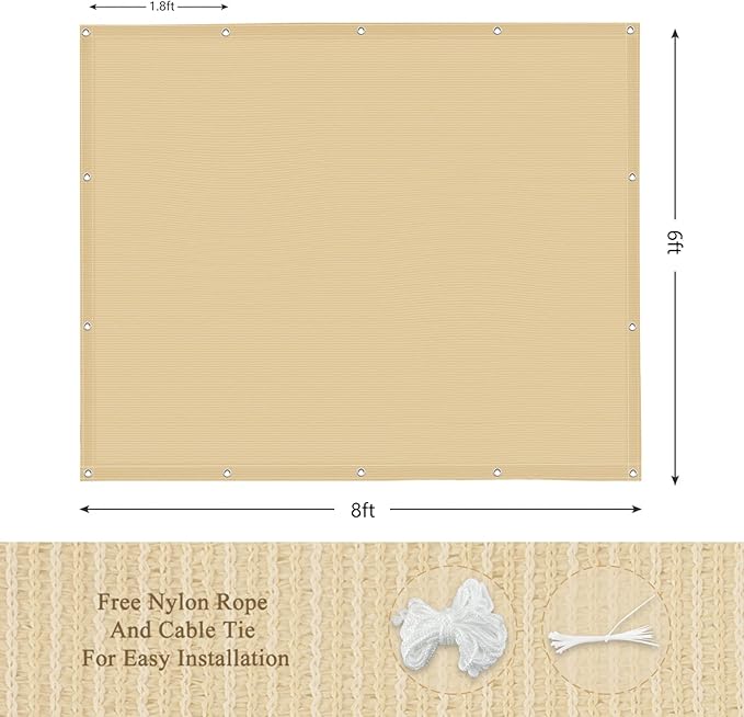 Outdoor Sun Shade Cloth, 6' x 8', Pergola, Deck, and Backyard Patio Sunshade with UV Protection, Heat Resistant HDPE Material, Reinforced Grommets (6x8 FT, Wheat)