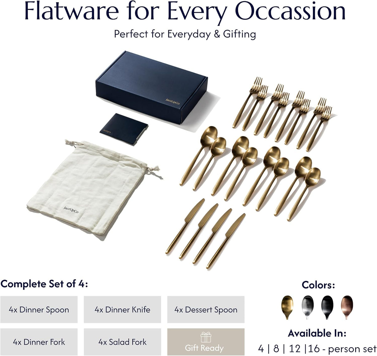 JazzUpCo Ava Flatware Flatware non toxic 18/10 stainless steel dishwasher safe (Matte Gold, 4 Person Set (20 Pieces))