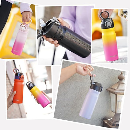 Insulated Water Bottle with Straw and Carry Loop,18 oz Stainless Steel Double Wall Vaccum Metal Water Flask with Leak-proof Lid,Pink