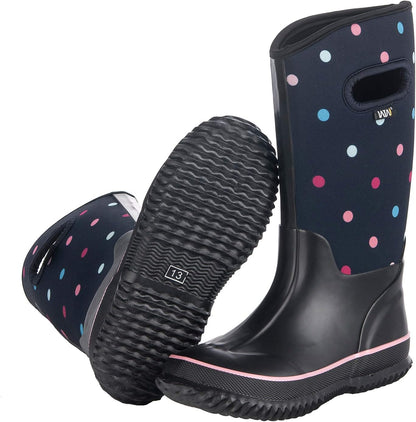 Size 2 Big kids WTW Kids Rubber Rain Boots - Neoprene Insulated 100% Waterproof Mid Calf Mud Boots for Boys and Girls Winter Snow Boots