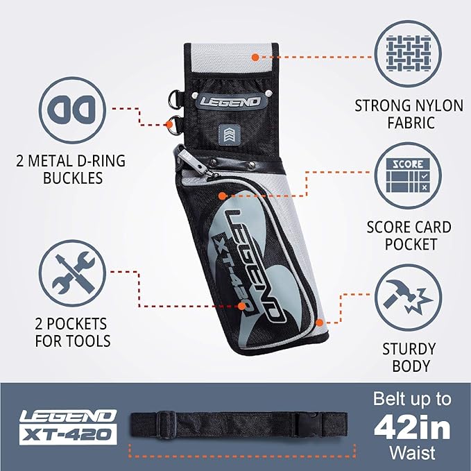 Legend XT420 Field Quiver - Left or Right-Handed Quiver Arrow Holder, Archery Quiver with 3 Arrow Tube, Durable Nylon Hip Quivers with Multiple Pockets for Archery Accessories, Score Card  Tools