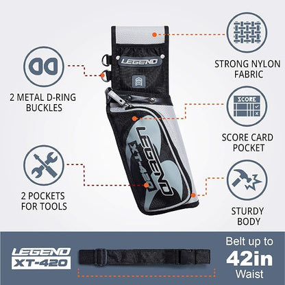 Legend XT420 Field Quiver - Left or Right-Handed Quiver Arrow Holder, Archery Quiver with 3 Arrow Tube, Durable Nylon Hip Quivers with Multiple Pockets for Archery Accessories, Score Card  Tools