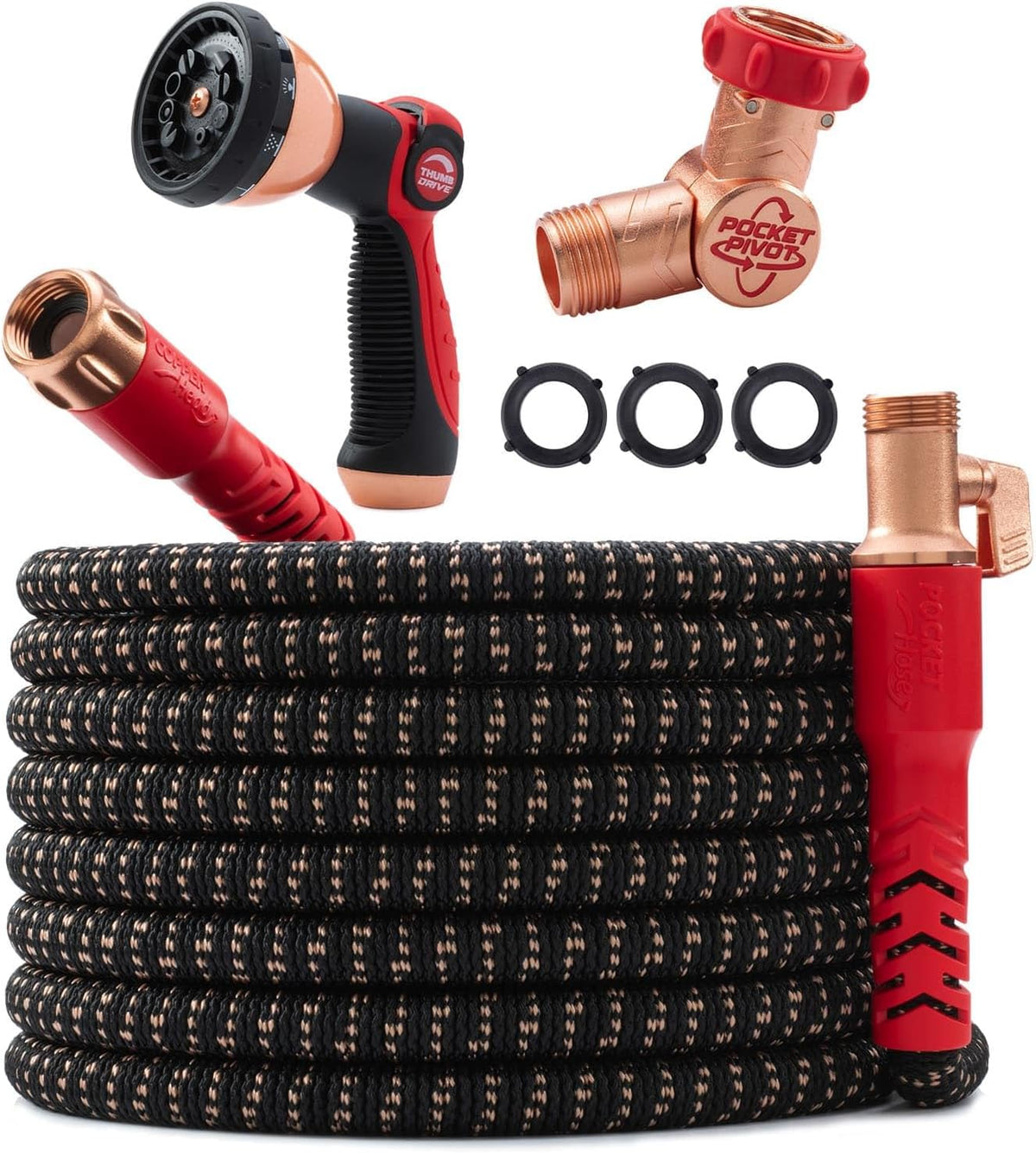 Pocket Hose Copper Head 100 FT Expandable Garden Hose, Pocket Pivot 10-pattern thumb-control nozzle, 360° swivel, no-kink, 3X stronger jacket, 650 PSI anti-burst, lead-free, drinking water safe (Hose and Nozzle Only, accessories not included)