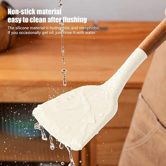 Silicone Cooking Utensils Set - Heat Resistant, Non-Stick, Non-Scratch Kitchen Tools, Slotted Turner, Utensils for Grilling, Space-Saving Design, Wooden Handle