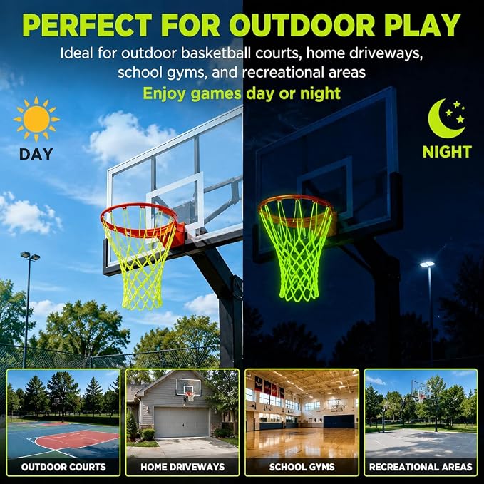 Glow in the Dark Basketball Net 12 Loops Nylon Hoop Net Replacement Heavy Duty Outdoor Luminous Basket Ball Net Green