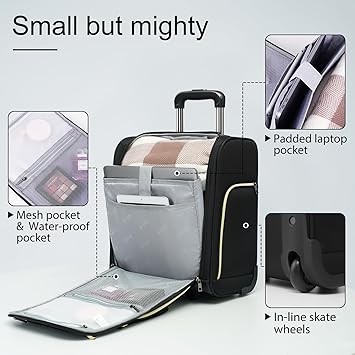 Coolife Luggage Carry On Luggage Underseat Luggage Suitcase Softside Wheeled Luggage Lightweight Rolling Travel Bag Underseater (Black, Carry-On 16-Inch)