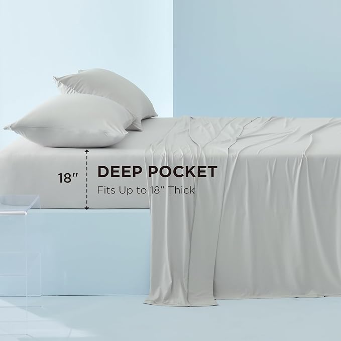 Bedsure Cooling Sheets Queen Size, Cooling Bed Sheets for Hot Sleepers, Chill Cool Sheet, Deep Pocket Up to 18 Inches, Soft  Breathable Queen Sheet Set, 4 Pieces, Grey