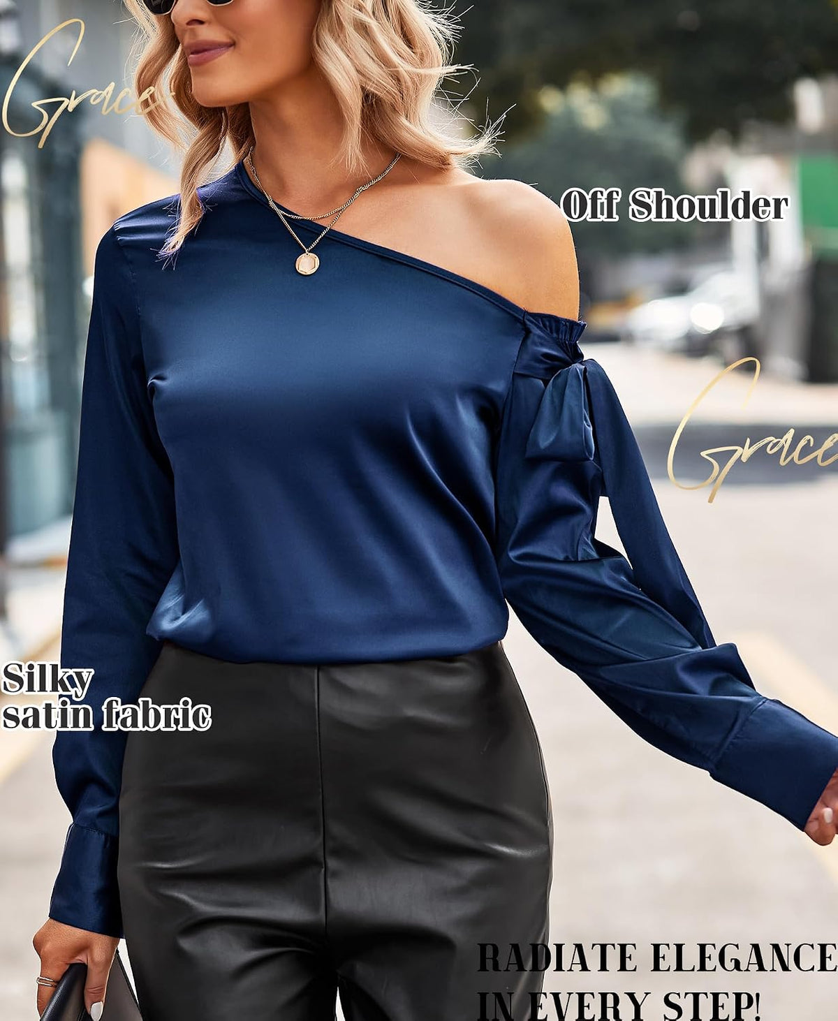 VIDUSSA Women's Off Shoulder Tops Satin Silk Shirts Casual Dressy Blouse Long Sleeve Office Work Tunics