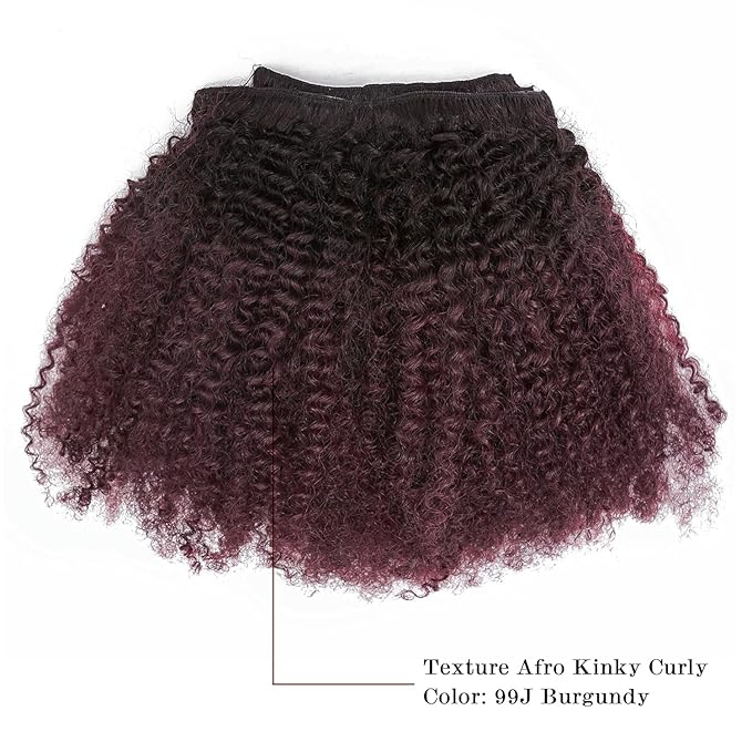 Ombre Remy Clip in Human Hair Extensions Afro Kinky Curly For Black Women 4A 4B 100 Human Hair Clip ins Two Tone 1B99J Burgundy Wine Red Full Head (10 inch,T1B99J AC)