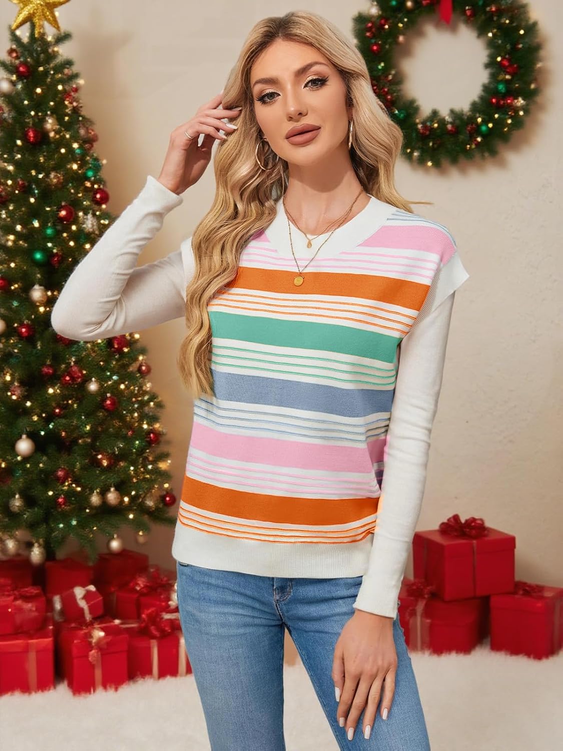 FireSwan Womens Cap Sleeve Sweater Vest Striped Color Block Loose Tank Tops Trendy Vacation Outfits Cute Summer Spring Top