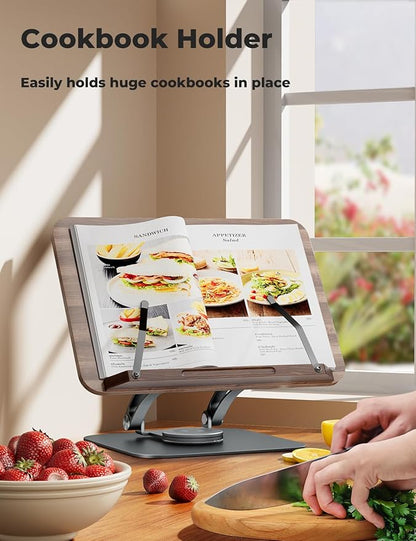 Tounee Book Stand for Reading, Adjustable Book Holder with 360 Swivel Base, Foldable Cookbook Stand Recipe Book Holder with Elastic Page Clips for Music Scores, Recipe, Tablet, Laptop-Gray