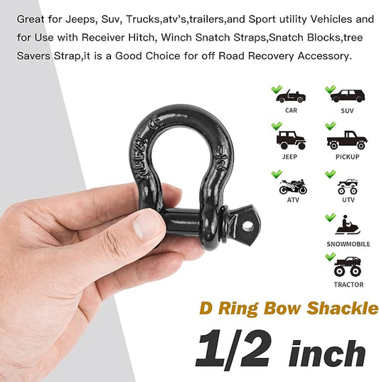 D Ring Shackles, 12" Clevis Shackle with 916" Screw Pin 26,400Ibs Break Strength, Rugged Off Winch Shackle Heavy Duty Shakcles (Black) Accessories for Jeep Pickup Trucks SUV Trailer ATV UTV