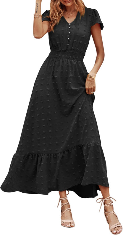 PRETTYGARDEN Womens Dresses 2026 Summer Maxi Dress Boho Short Sleeve V Neck Swiss Dot Ruffle Tiered Smocked Flowy Long Dress