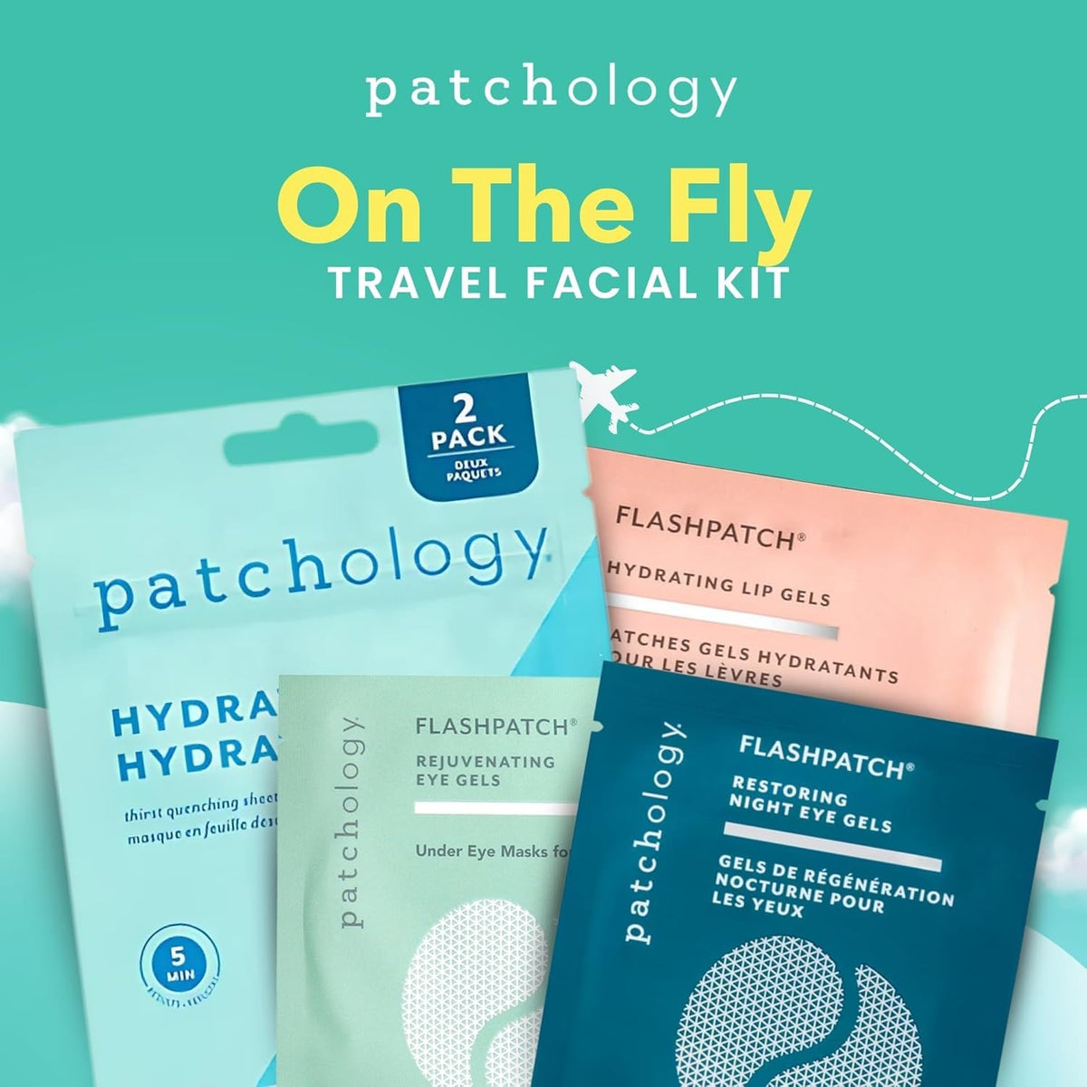 Patchology On The Fly Travel Facial Kit – Travel-Friendly Hydrating Skincare Essentials for Face, Eyes and Lips – Includes 2 Pair Under Eye Patches, 2 Hydrate Sheet Mask for Refreshed Skin,1 Lip Mask( box green and pink color)