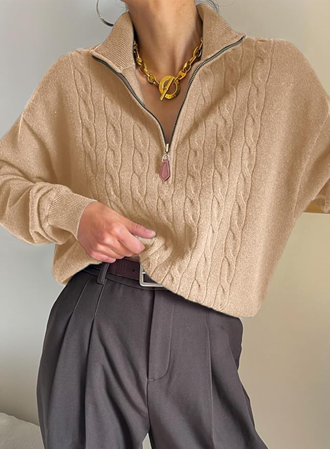 Dokotoo Women's Sweaters Fall Winter Quarter Zip Ribbed Cable Knit Pullover | Long Sleeve,Polo Neck,Lightweight Knit Pullover,Soft Comfy Tops,Fall Winter Outfits,Fashion Clothing