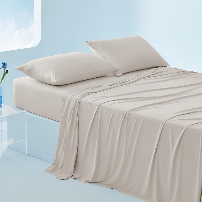 Bedsure Cooling Sheets Queen Size, Cooling Bed Sheets for Hot Sleepers, Chill Cool Sheet, Deep Pocket Up to 18 Inches, Soft  Breathable Queen Sheet Set, 4 Pieces, Grey
