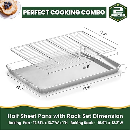 Baking Sheet Cookie Pans Set with Cooling Rack Sheets for Baking Stainless Steel Pan for Baking Bakeware Sets 3PCS Cooling Racks for Cooking and Baking for Bacon Pizza Pan 17.5 x 13.7 x 1 Inch 2PCS