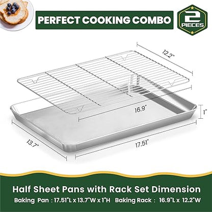 Baking Sheet Cookie Pans Set with Cooling Rack Sheets for Baking Stainless Steel Pan for Baking Bakeware Sets 3PCS Cooling Racks for Cooking and Baking for Bacon Pizza Pan 17.5 x 13.7 x 1 Inch 2PCS