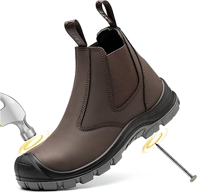 Steel Toe Work Boots for Men Slip-on Chelsea Boot, Men's Industrial & Construction Shoes, Waterproof, Lightweight, Comfortable, Non-slip Safety Shoes, Black, 10.5