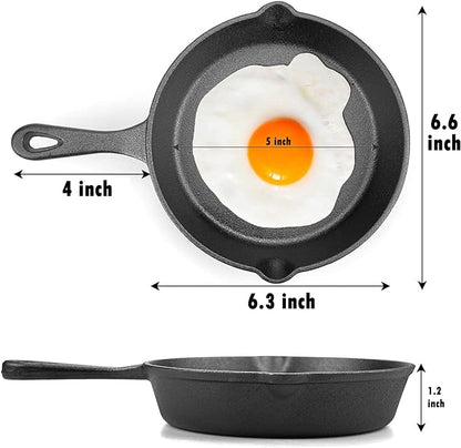 6 Inch Cast Iron Skillet, Frying Pan with Drip-Spouts, Pre-seasoned Oven Safe Cookware, Camping Indoor and Outdoor Cooking, Grill Safe, Restaurant Chef Quality
