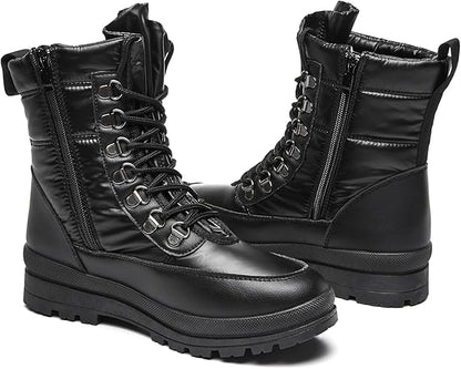 Moudki Womens Warm Fur Lined Snow Boots for Cold Weather, Non-slip Black Combat Boots with Zipper for Hiking, Lace up White Winter Booties for Women, Water Resistant Mid Calf Shoes