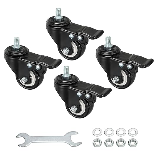 uxcell 2 Inch Swivel Threaded Stem Casters M10x15mm Thread PU Caster Wheel with Brake 110lbs Load for Furniture Carts, Black 4pcs