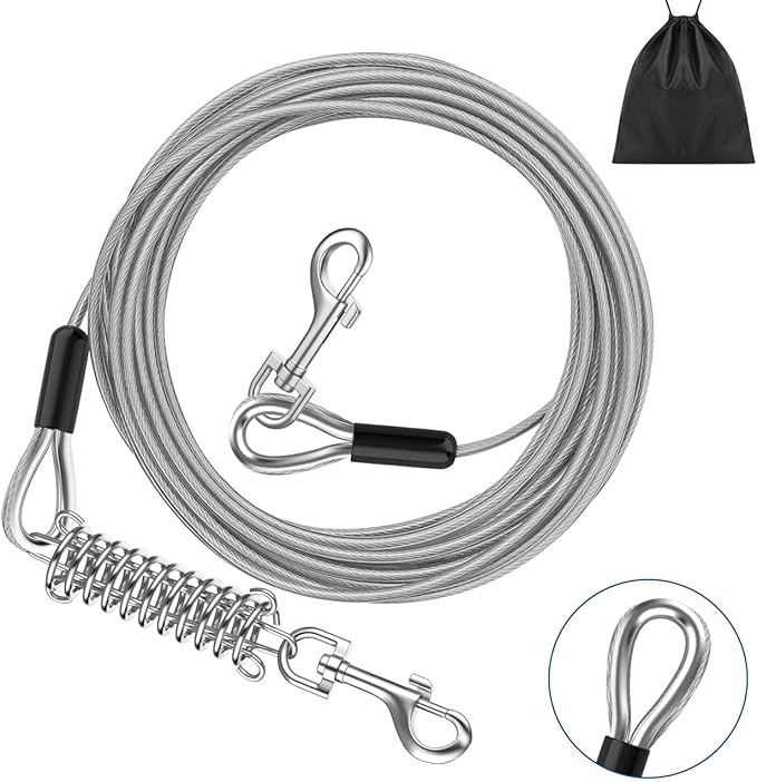 Pawaboo Dog Tie Out Cable, 25ft Dog Runner Cable Dog Leads for Small to Large Dogs Up to 125 Pounds, Heavy Duty Dog Leash Run Tether with 360A Swivel Hook and Shock Spring (125lbs, 25ft, Silver)