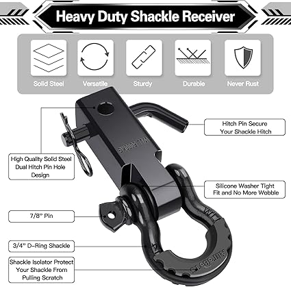 AUTOBOTS Shackle Hitch Receiver 2", 45,000 Lbs Break Strength Heavy Duty Receiver with 5/8" Screw Pin, 3/4" D Ring Shackles, Towing Accessories for Vehicle Recovery Off-Road, Black&Black