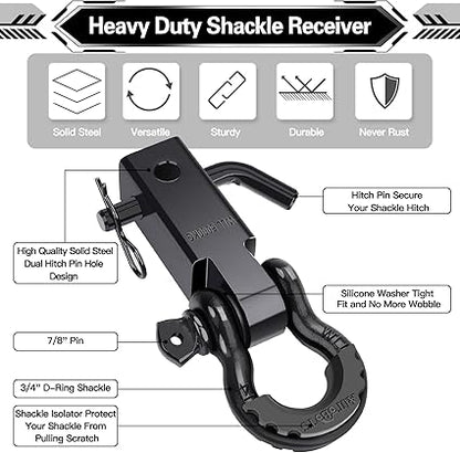 AUTOBOTS Shackle Hitch Receiver 2", 45,000 Lbs Break Strength Heavy Duty Receiver with 5/8" Screw Pin, 3/4" D Ring Shackles, Towing Accessories for Vehicle Recovery Off-Road, Black&Black