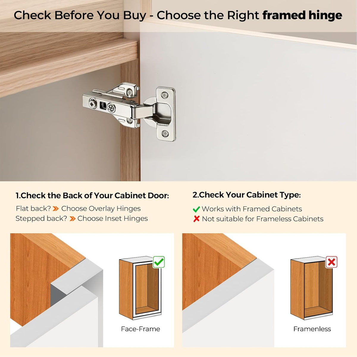 Ravinte 1 Pair 2 Packs Full Overlay Cabinet Door Hinges,105 Degree Adjustable Concealed Kitchen Cabinet Hinges Soft Close for Face Frame Cabinet
