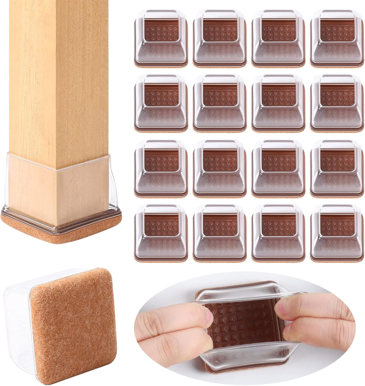 23 Pcs 2inch Square Clear Chair Leg Floor Protectors, Silicone Felt Furniture Pads Caps for Hardwood Floor, Dining Table Bar Stool Leg Protectors Leg Cups Covers (Fit: 1.38''-1.77")