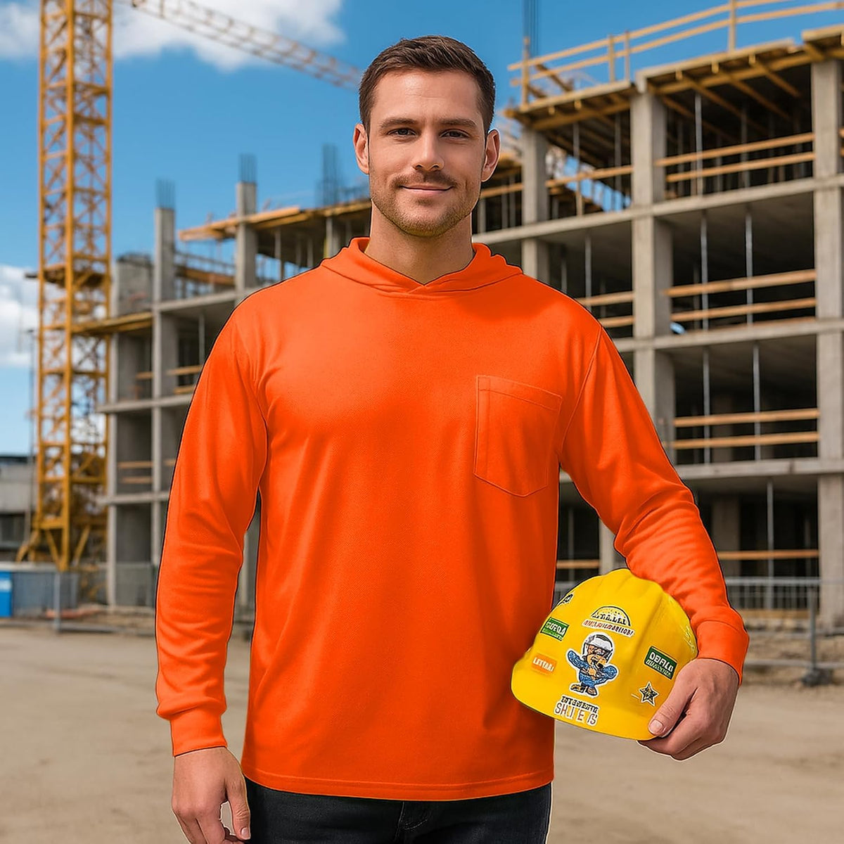 High Visibility Shirts for Men with Hood Safety Shirts for Men Reflective, Hi Vis T Shirts with Long Sleeve Construction, Comfortable, Meets ANSI, Orange Large 1pc