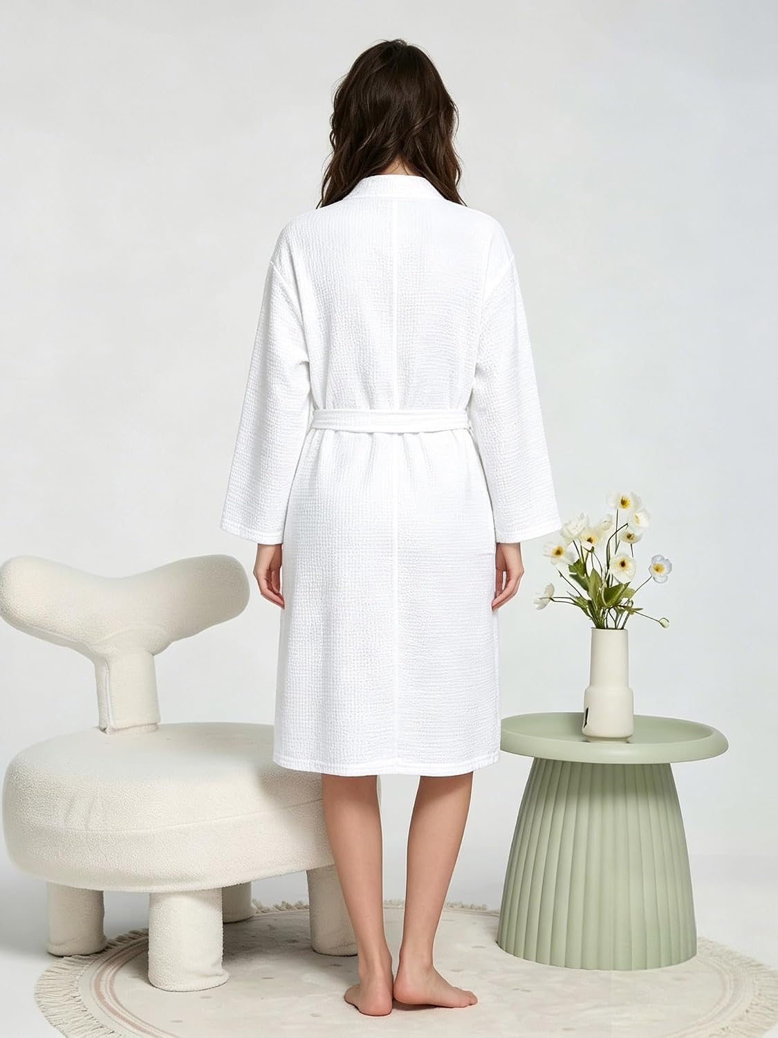 WORW Waffle Robes for Women Knit Cotton Soft Spa Bathrobe | Lightweight Loungewear, Knee Length with Pockets, V Neck, Kimono, Absorbent, Breathable, Removable Belt.